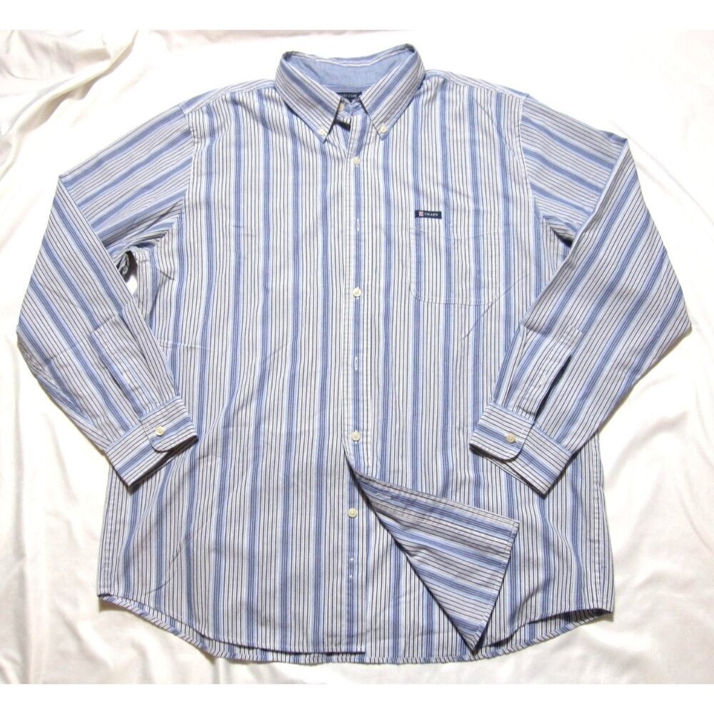 Chaps Men Blue White Vertical Striped Coastal Western Retro Shirt L (M110)